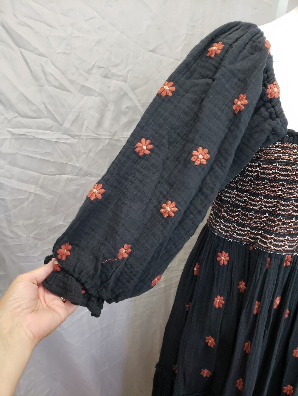 Free People Dahlia Embroidered Maxi Dress Black Combo Smocked Size Medium - Picture 6 of 12